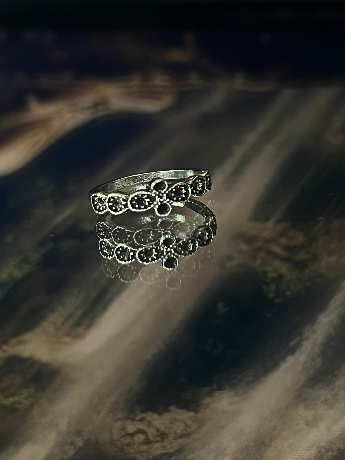 Silver Black Floral Ring (Standard Size)