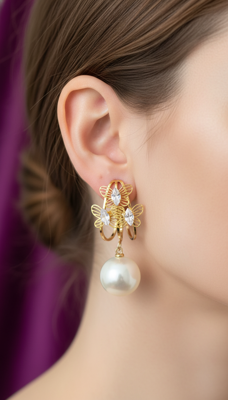 Crystal Butterfly Pearl Drop Earrings